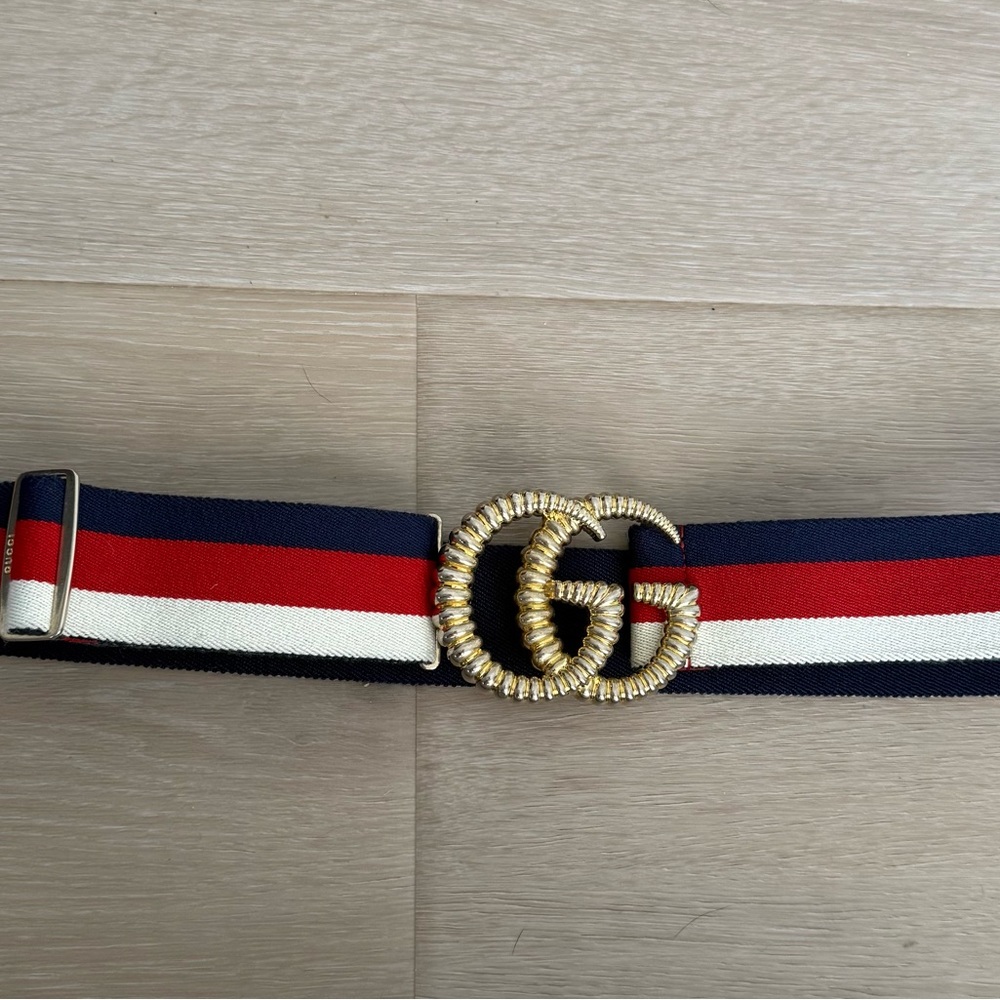 Gucci Navy and Red Belt with Gold GG Emblem